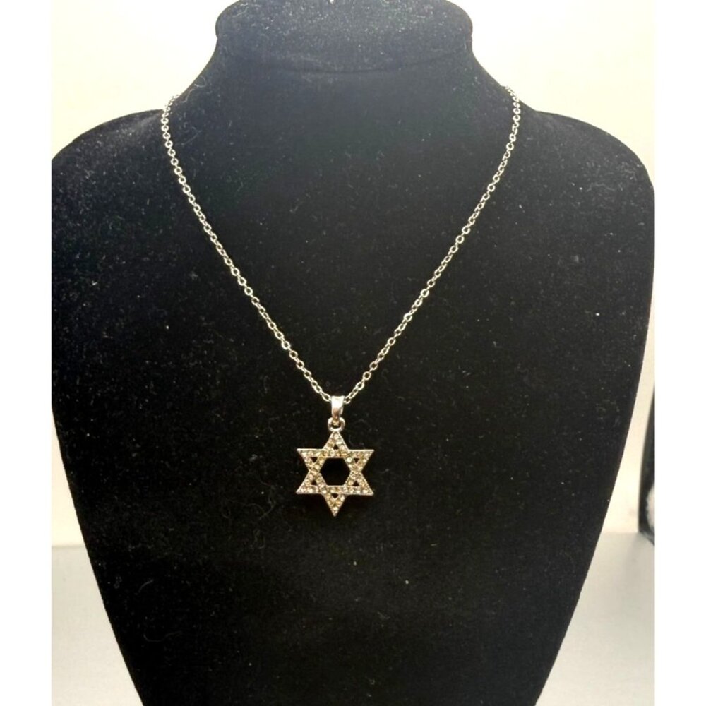 Silver Tone Star of David Pendant Necklace | Clear Stone Accent | 16 Inch Chain